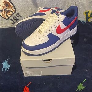 Nike Air Force 1 Low White, Red, and Blue Sneakers